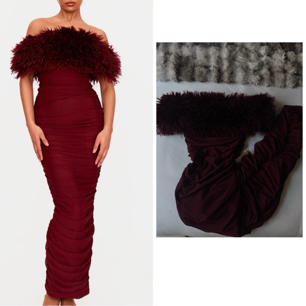 PLT LABEL BURGUNDY FAUX SHEARLING BARDOT RUCHED MIDMAXI DRESS